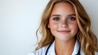 Young Caucasian woman with blonde wavy hair, freckles and blue eyes smiling warmly against white background, wearing white collar shirt, natural makeup look.