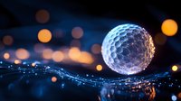 Futuristic digital sphere with glowing network connections and bokeh lights on dark blue background for technology and innovation concepts.