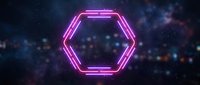 Glowing neon hexagon with magenta pink outline on dark bokeh background with blue and orange lights, suitable for tech and digital design projects.