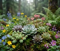 Colorful succulent garden with wildflowers and ferns in natural forest setting. Diverse plants create enchanting botanical display for landscaping projects.