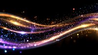 Glowing wave of colorful light trails with sparkling particles and bokeh effects on black background, creating dynamic flowing motion and magical energy streams.