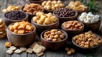 Variety of healthy snacks and nuts in wooden bowls on rustic table, including chickpeas, crackers, and mixed nuts. Food photography for packaging design.