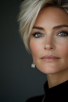 Close-up portrait of blonde woman with blue eyes and short pixie haircut wearing black turtleneck against dark background, natural makeup and soft lighting.