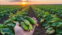 Fresh cucumbers in farmer's hand at sunset over green agricultural field rows. Organic vegetable harvest concept for healthy eating and farming.