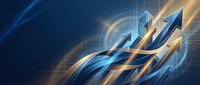 Dynamic blue and gold arrows rising upward with glowing light effects and grid pattern background representing business growth, success and financial progress.