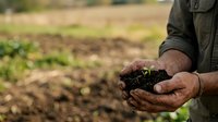 Farmer holding rich soil in hands over cultivated field, representing agriculture, sustainability, and organic farming practices.