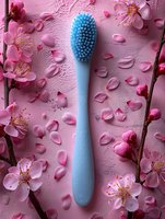Blue toothbrush surrounded by delicate pink cherry blossoms and scattered petals on textured pink background, creating soft spring wellness composition.