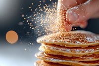 Stack of fresh homemade pancakes with powdered sugar being sprinkled from fingers above, captured in soft morning light with bokeh effect and flying particles.