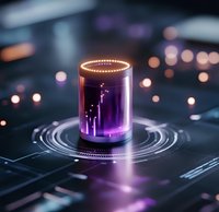Futuristic holographic cylinder with glowing purple light and digital interface elements on dark technological surface with bokeh lights in background.