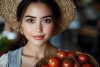 Young Asian woman in straw hat holding fresh ripe tomatoes in wicker basket, close up portrait with natural daylight and soft bokeh background.