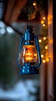 Glowing blue kerosene lamp hanging with pine branches and warm bokeh lights in background creates cozy winter atmosphere for seasonal decor and holiday designs.