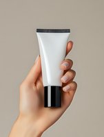 Female hand holding blank white cosmetic tube with black cap against neutral beige background, perfect for skincare or beauty product mockup.
