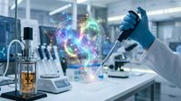 Scientist in blue gloves conducting molecular research with holographic DNA visualization in modern laboratory for biotechnology and genetic studies.