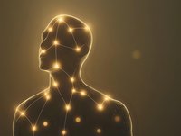 Glowing human silhouette with connected light points forming neural network pattern against dark background, representing artificial intelligence and consciousness.