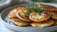 Golden potato pancakes with crispy edges garnished with fresh dill on white ceramic plate, traditional homemade comfort food for breakfast or dinner.