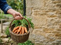 Farmer holding wicker basket filled with fresh harvested carrots with green tops against rustic stone wall background, organic produce gardening.