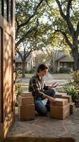 Young man sitting on porch with delivery boxes checking smartphone in suburban neighborhood during golden hour for online shopping and package delivery.
