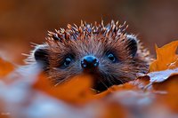 Curious hedgehog peeking through vibrant autumn leaves, close-up portrait with bright blue eyes against orange foliage creating magical forest atmosphere.