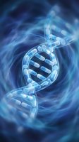 DNA double helix structure with glowing blue light effects and swirling energy patterns for medical research and biotechnology applications.