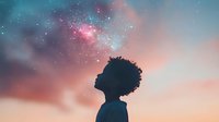 Young African American woman silhouette gazing up at colorful night sky with stars and galaxy, dreamy sunset atmosphere creates inspiring spiritual moment.