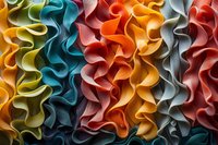 Vibrant wavy fabric texture with colorful ruffles creating abstract pattern. Decorative textile design in orange, teal, yellow, and red tones perfect for background or wallpaper.