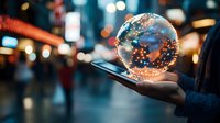 Digital transformation concept with glowing sphere above smartphone in urban night setting representing global connectivity and future technology innovation.