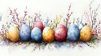 Watercolor Easter eggs in pastel colors decorated with speckles, arranged in row with spring flowers and delicate branches, artistic holiday composition.