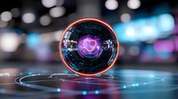 Glowing neon heart in futuristic sphere with digital interface elements, floating above reflective surface against blurred bokeh background. Sci-fi love concept.