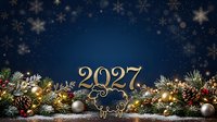Golden 2027 numerals surrounded by festive evergreen garland, ornaments, and snowflakes on deep blue background. Seasonal holiday celebration and New Year greeting card design.