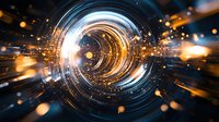 Futuristic spiral light tunnel with glowing orange and blue energy streams, dynamic motion blur effect and floating particles in dark space. For tech backgrounds.