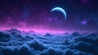 Mystical night sky with crescent moon above glowing purple clouds and stars, creating ethereal atmosphere for fantasy and space designs.