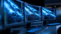 Multiple computer monitors displaying blue glowing data visualization and analytics dashboard in dark office environment, modern technology workspace setup.