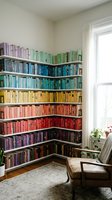 Corner bookshelf with rainbow organized books creating colorful gradient display in cozy reading nook with vintage leather chair and natural window light.