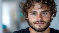 Young Caucasian man with blue eyes, curly brown hair and beard smiling warmly at camera. Close-up portrait with soft bokeh background shows genuine positive expression.