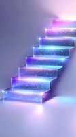 Glowing neon staircase with blue and purple light effects, sparkling particles and luminous steps ascending against gradient background for success concept.