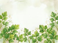 Watercolor parsley and herb leaves border on cream background with golden sparkles, isolated design element for culinary, organic, and botanical projects.