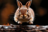 Playful brown bunny rabbit jumping in mid-air against dark background, front view close-up portrait showing cute face and paws stretched forward.