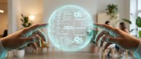Two hands holding a glowing digital sphere displaying circuit board patterns and technology icons in a modern office environment with plants and natural lighting.