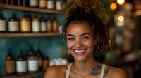 Young woman with curly hair in bun smiling warmly at bar or cafe with blurred bottles in background, creating inviting atmosphere.