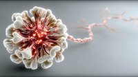 Glowing red virus cell with white protein spikes emitting electrical discharge on gray background, medical science visualization.