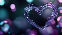 Ornate heart-shaped frame with delicate baroque details floating on blurred bokeh background in purple and turquoise tones, romantic mood for Valentine's designs.