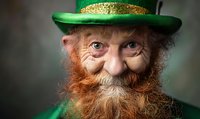 Cheerful senior man with long red beard wearing traditional green leprechaun hat and outfit against dark background, close up portrait showing joyful expression.