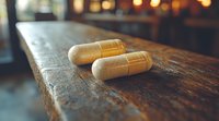 Two beige pharmaceutical capsules on rustic wooden surface with soft bokeh lighting in background, shallow depth of field creates atmospheric medical composition.