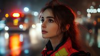 Young Asian woman in reflective safety vest against blurred urban night background with bokeh lights and neon glow, side profile portrait.