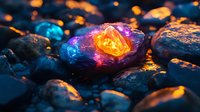 Glowing crystal among dark wet stones emits magical orange and blue light, creating mystical atmosphere with water droplets and bokeh effect in moody environment.