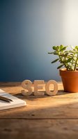 Wooden SEO letters on a rustic desk beside a green succulent plant and notebook, symbolizing digital marketing and search engine optimization.