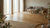 Modern minimalist living room interior with natural wood flooring, large windows, neutral furniture and warm lighting for home design concepts.