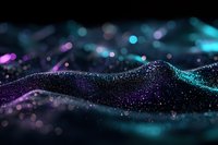 Abstract glowing wave formation with sparkling particles in purple and turquoise colors against dark background creates magical atmosphere for design projects.