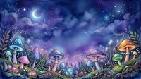 Enchanted forest landscape with glowing mushrooms, luminescent plants, and starry night sky with crescent moon overhead.