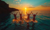 Four friends celebrating in ocean water at golden sunset with raised arms creating silhouettes against dramatic sky and sun reflection on waves.